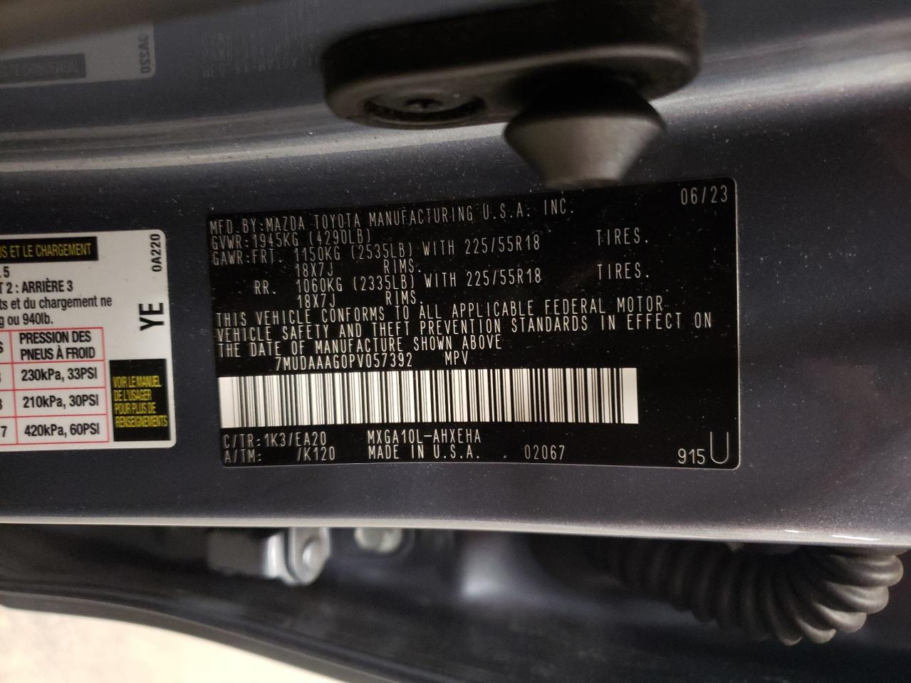 2023 TOYOTA COROLLA CROSS XLE VIN:7MUDAAAG0PV057392