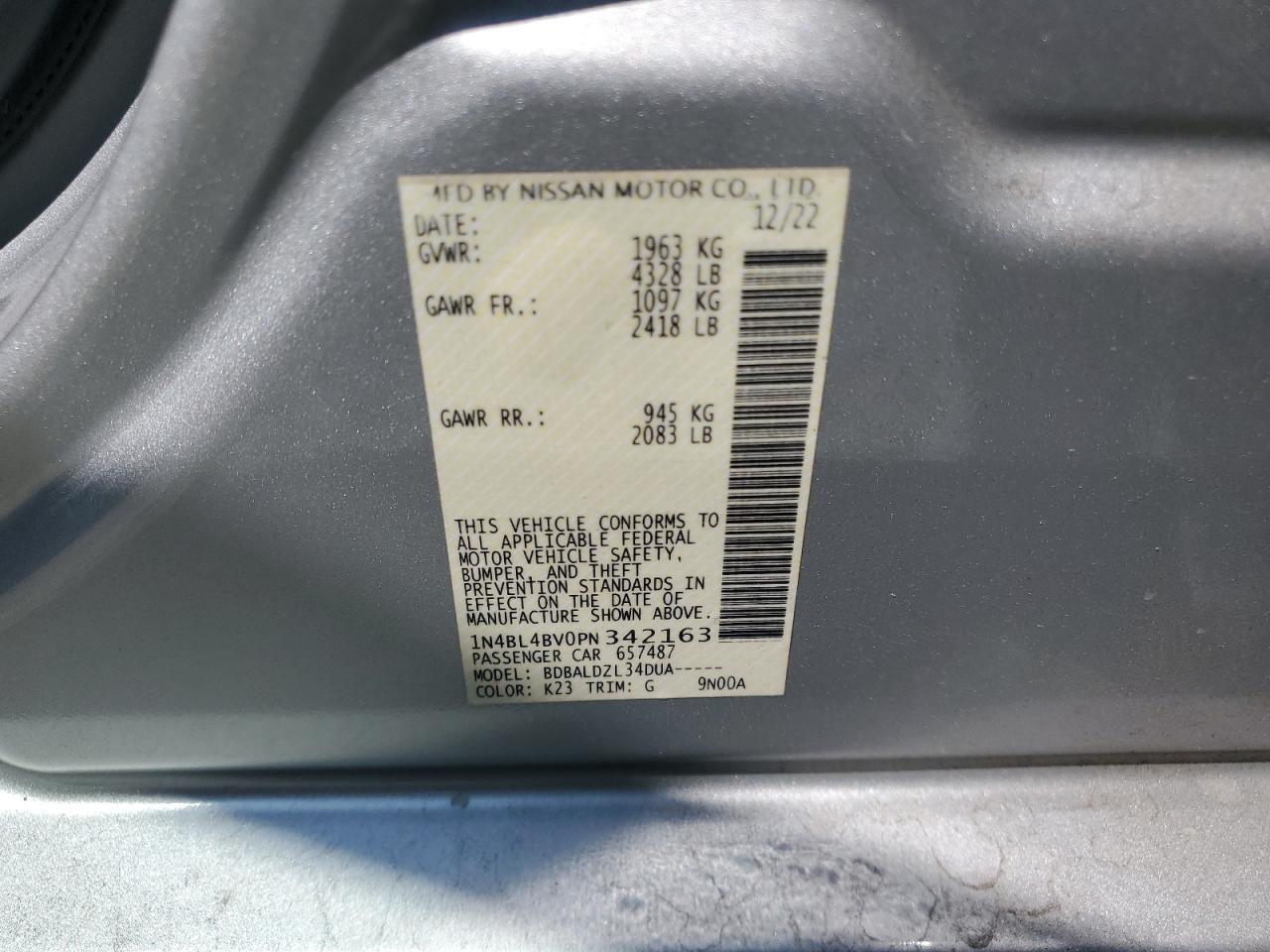2023 NISSAN ALTIMA S VIN:1N4BL4BV0PN342163