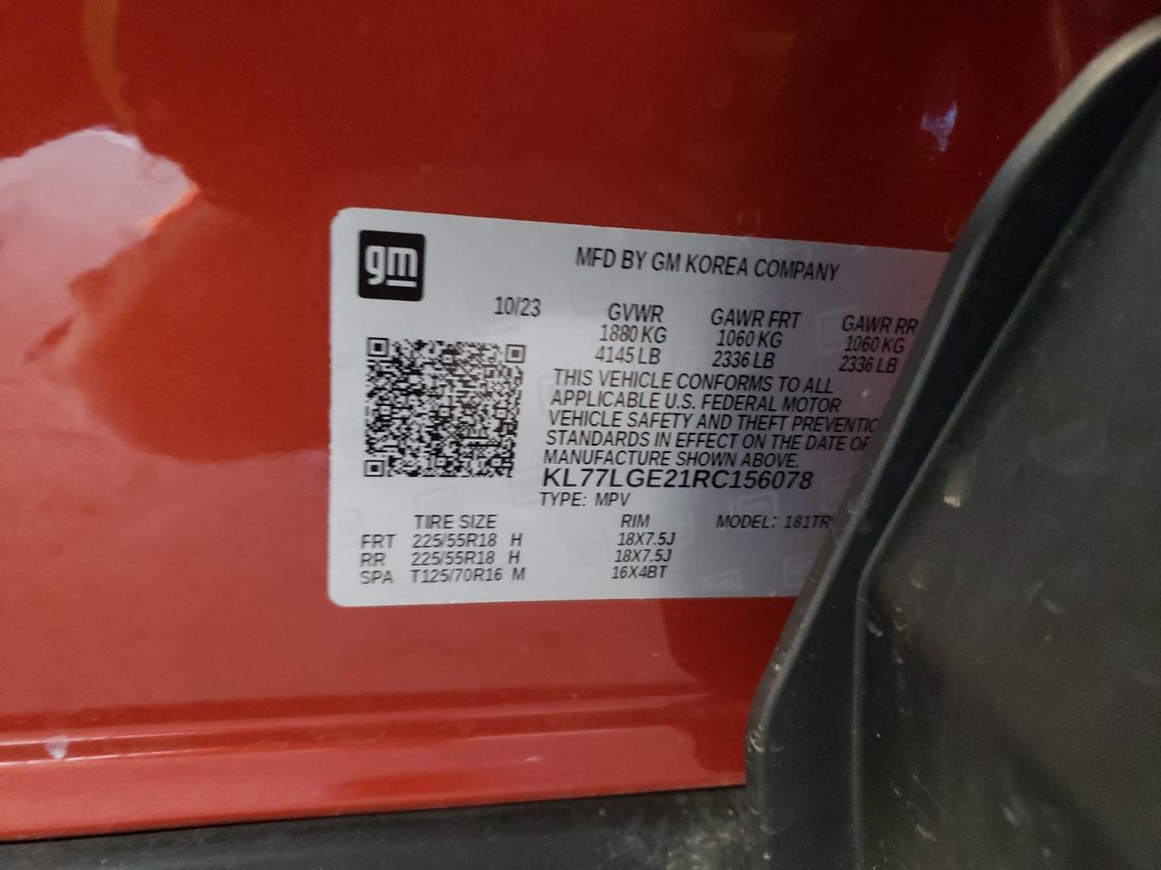 2024 CHEVROLET TRAX 1RS VIN:KL77LGE21RC156078