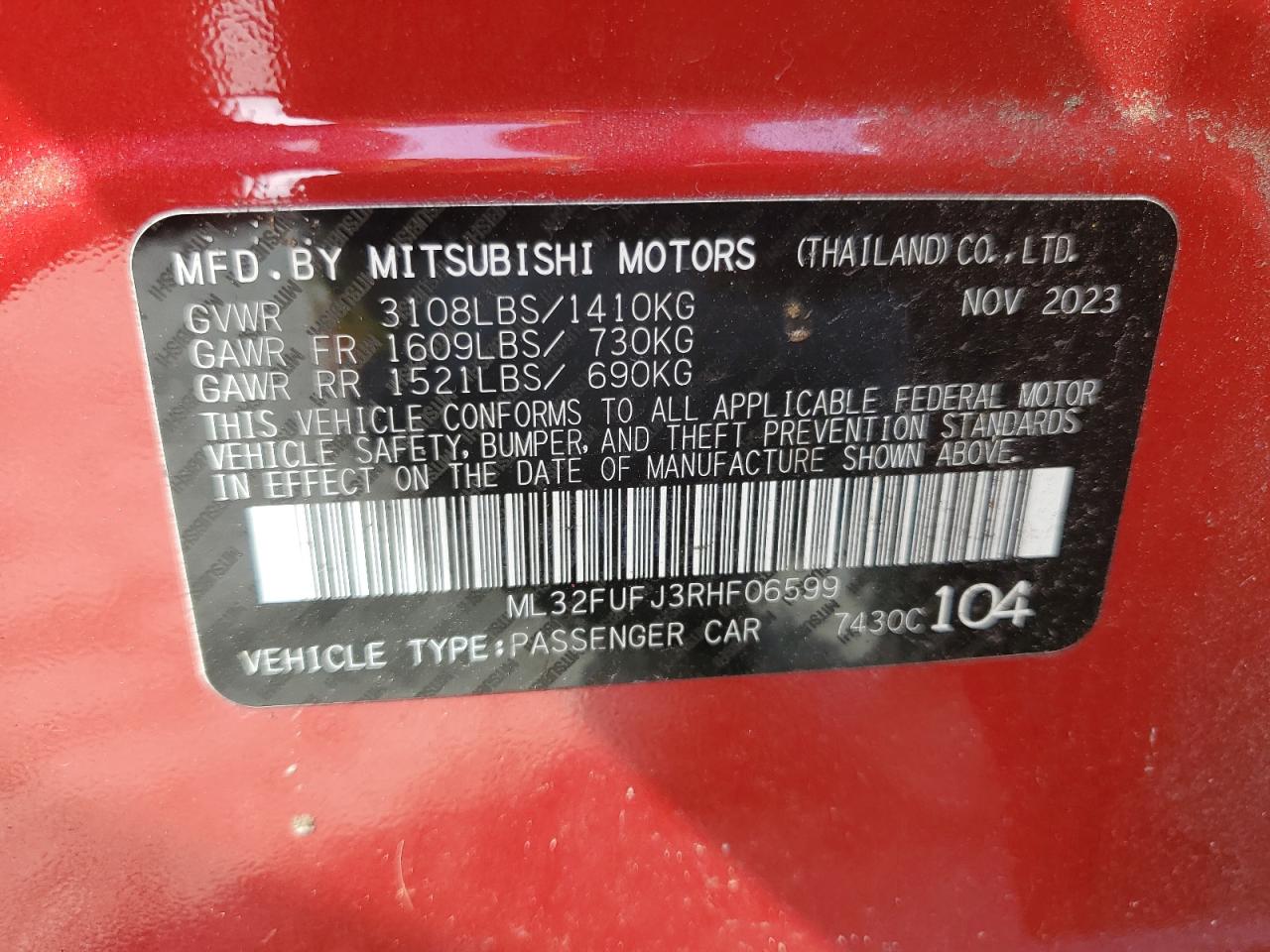 2024 MITSUBISHI MIRAGE G4 ES VIN:ML32FUFJ3RHF06599