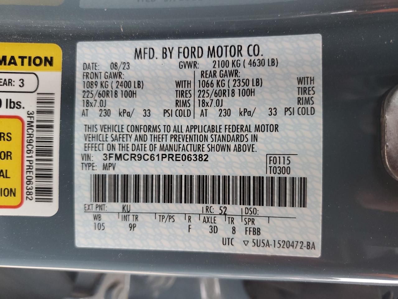 2023 FORD BRONCO SPORT OUTER BANKS VIN:3FMCR9C61PRE06382
