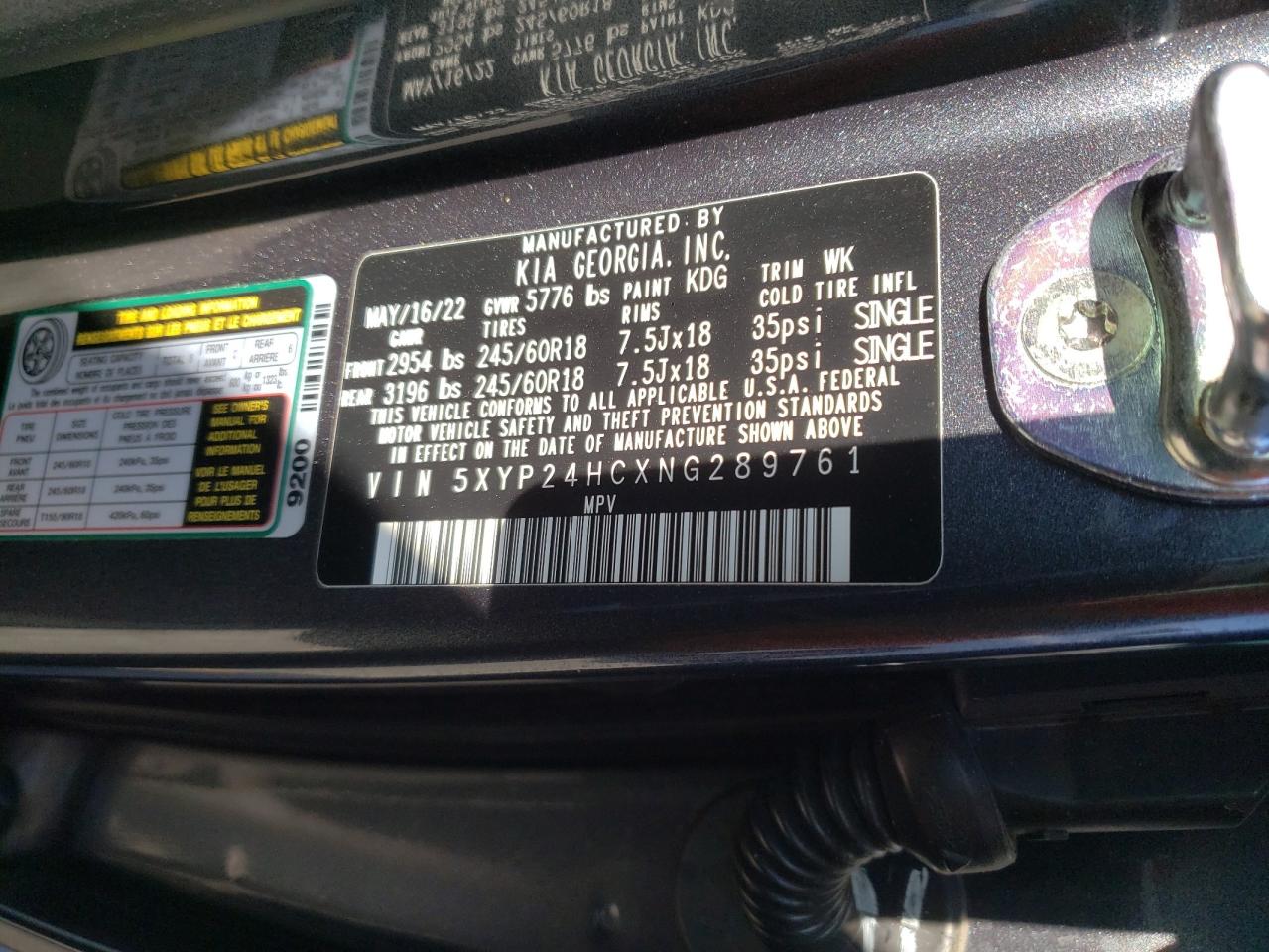 2022 KIA TELLURIDE LX VIN:5XYP24HCXNG289761