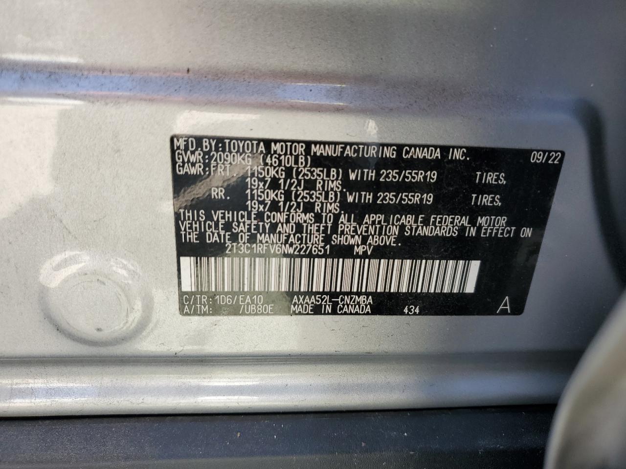 2022 TOYOTA RAV4 XLE PREMIUM VIN:2T3C1RFV6NW227651