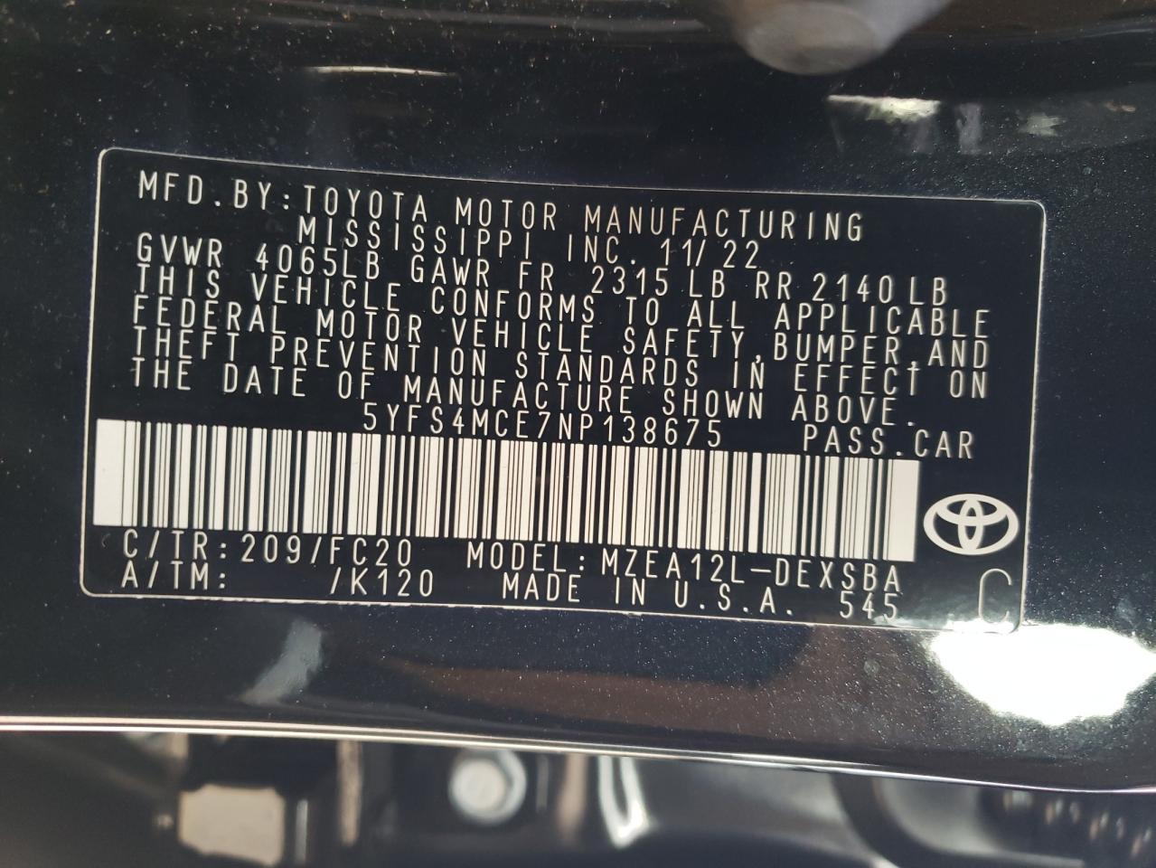 2022 TOYOTA COROLLA SE VIN:1GTEC14T23E296749