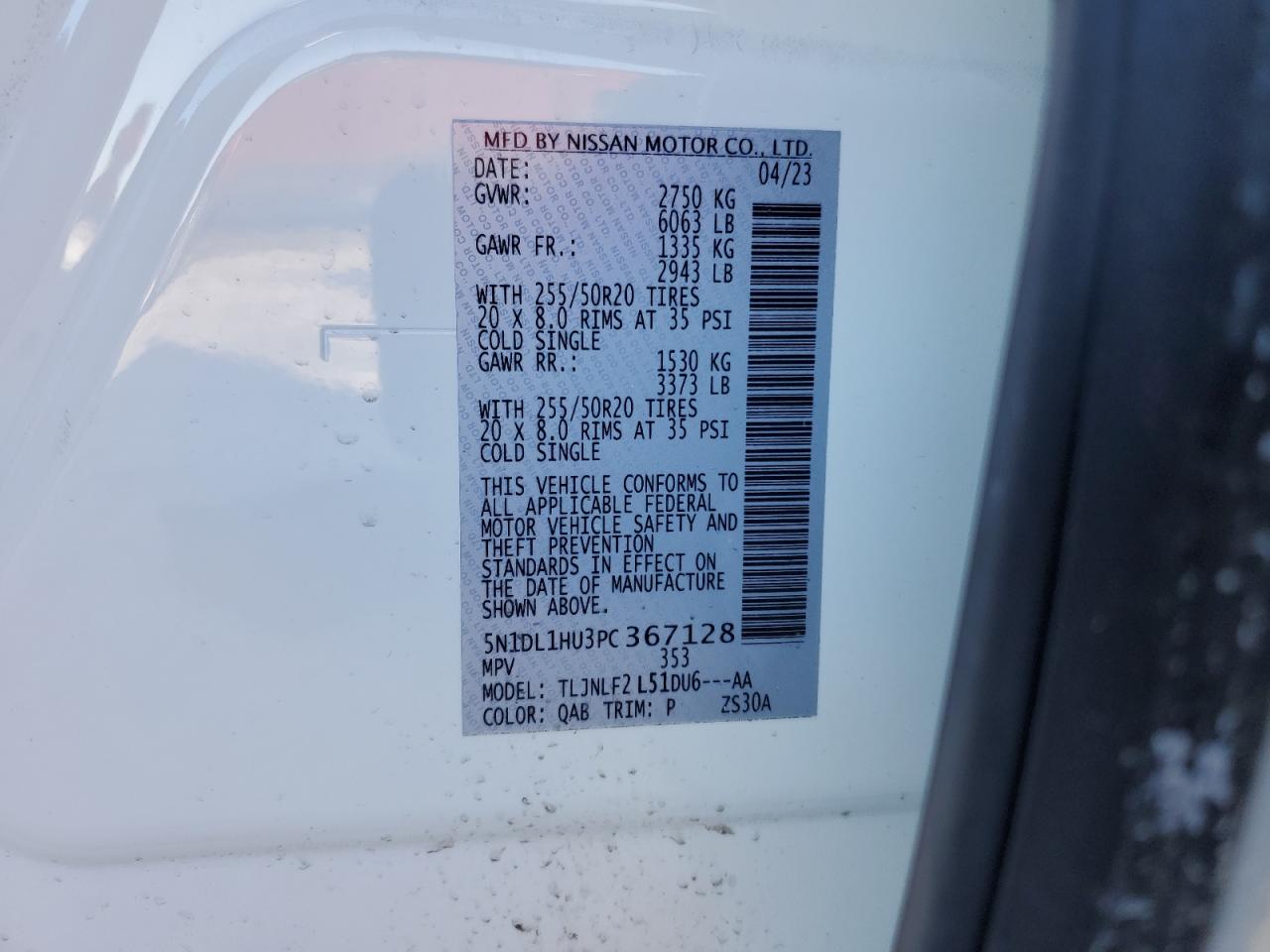 2023 INFINITI QX60 AUTOGRAPH VIN:5N1DL1HU3PC367128