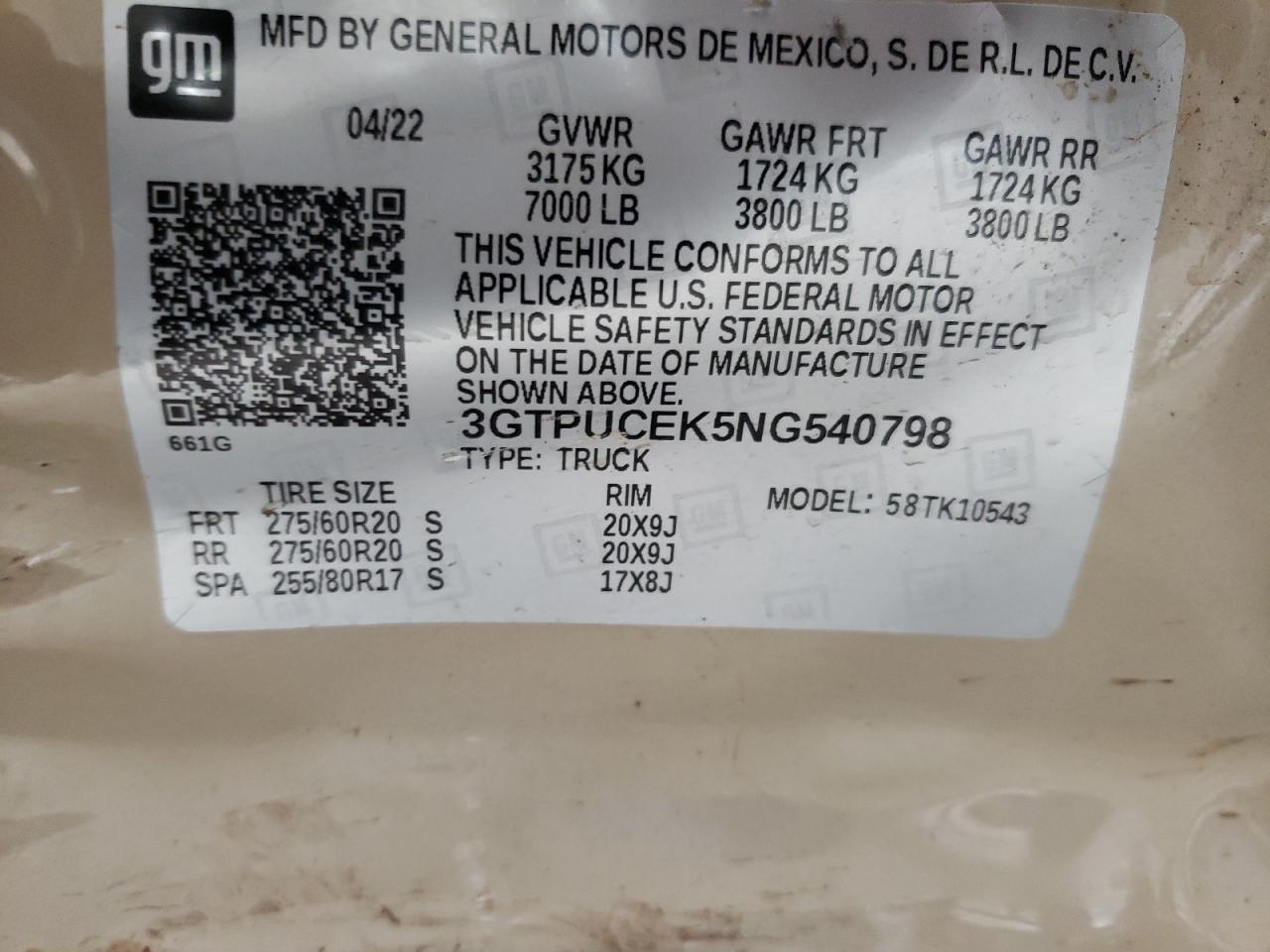 2022 GMC SIERRA K1500 ELEVATION VIN:3GTPUCEK5NG540798