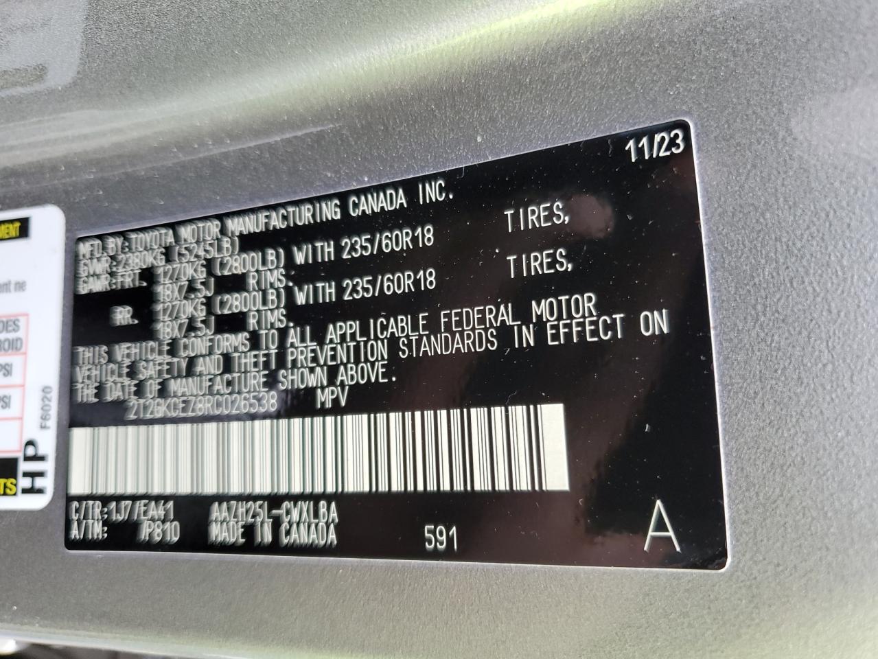 2024 LEXUS NX 350H BASE VIN:2T2GKCEZ8RC026538
