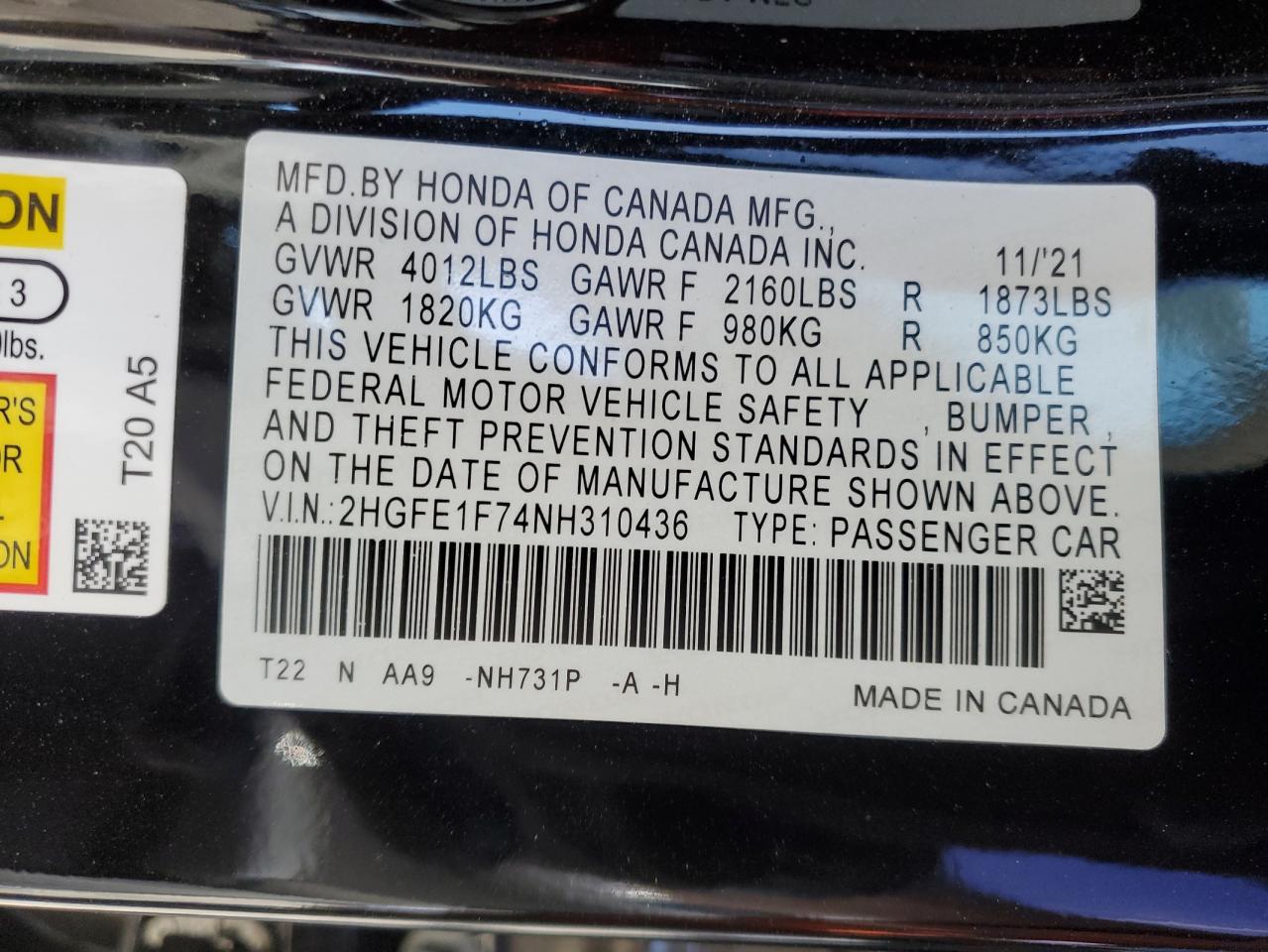 2022 HONDA CIVIC EX VIN:2HGFE1F74NH310436