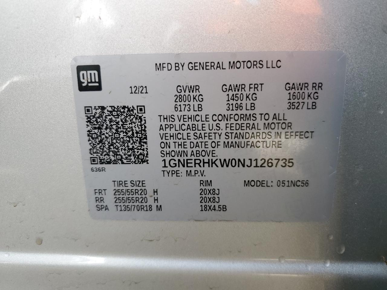 2022 CHEVROLET TRAVERSE LT VIN:1GNERHKW0NJ126735