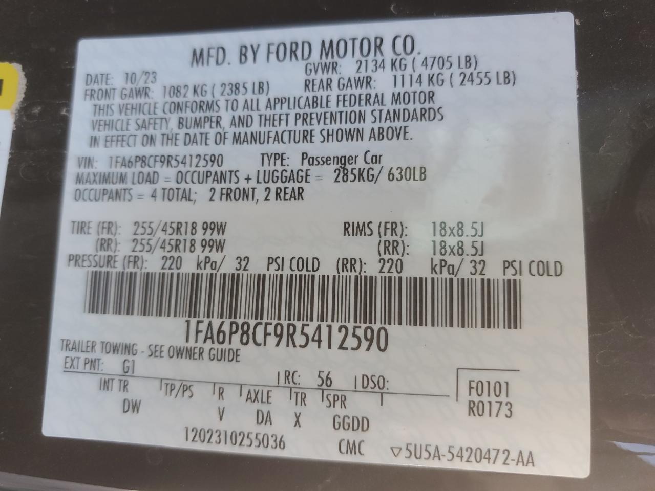 2024 FORD MUSTANG GT VIN:1FA6P8CF9R5412590