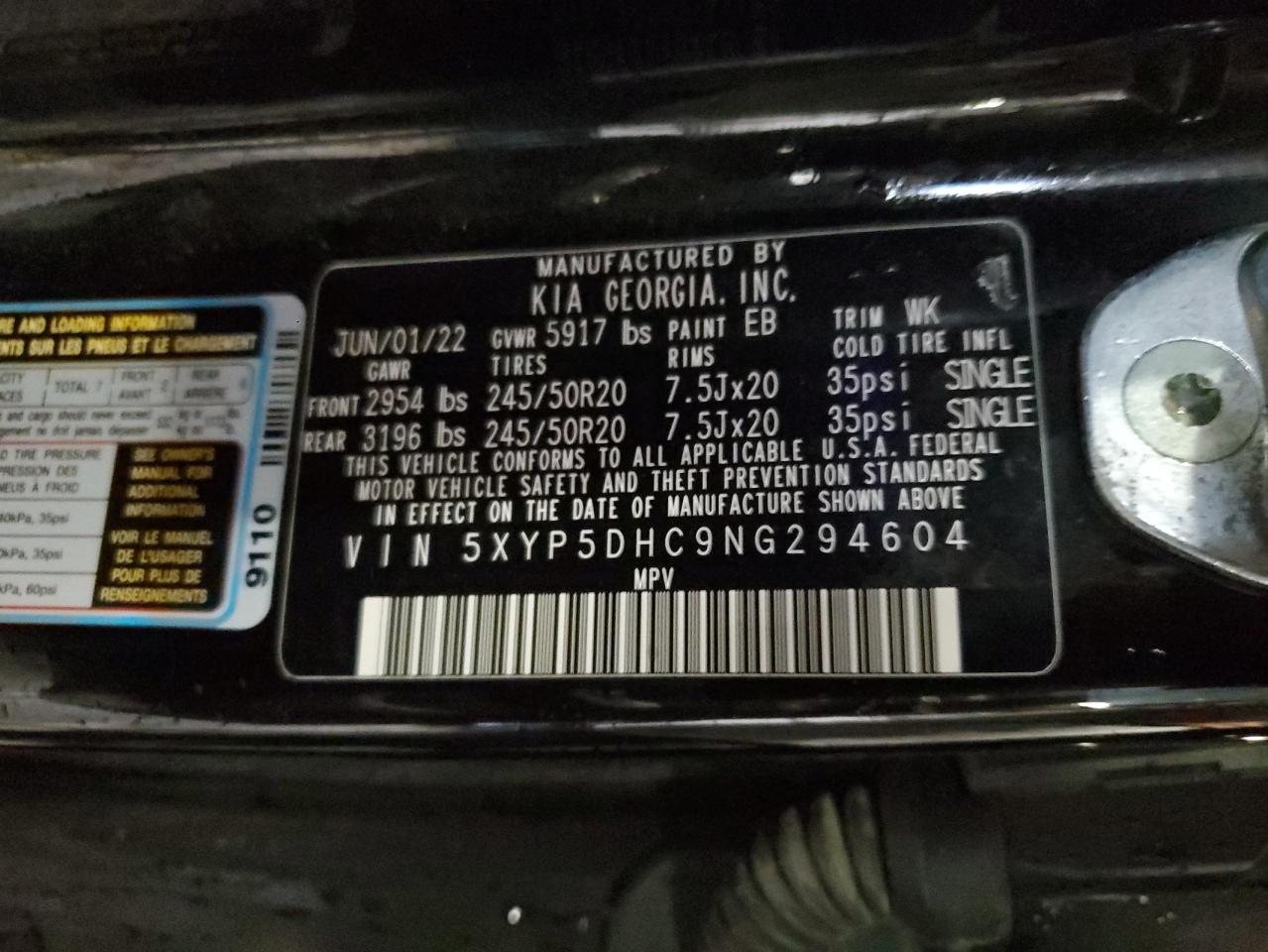 2022 KIA TELLURIDE SX VIN:5XYP5DHC9NG294604