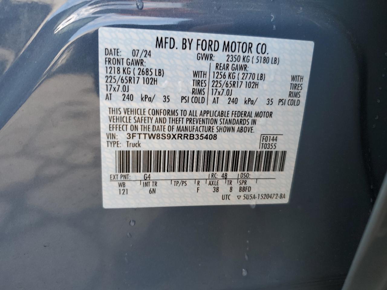 2024 FORD MAVERICK LARIAT VIN:3FTTW8S9XRRB35408
