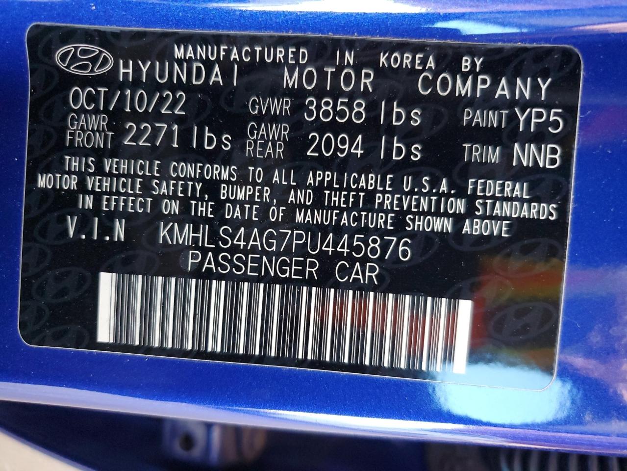 2023 HYUNDAI ELANTRA SEL VIN:KMHLS4AG7PU445876
