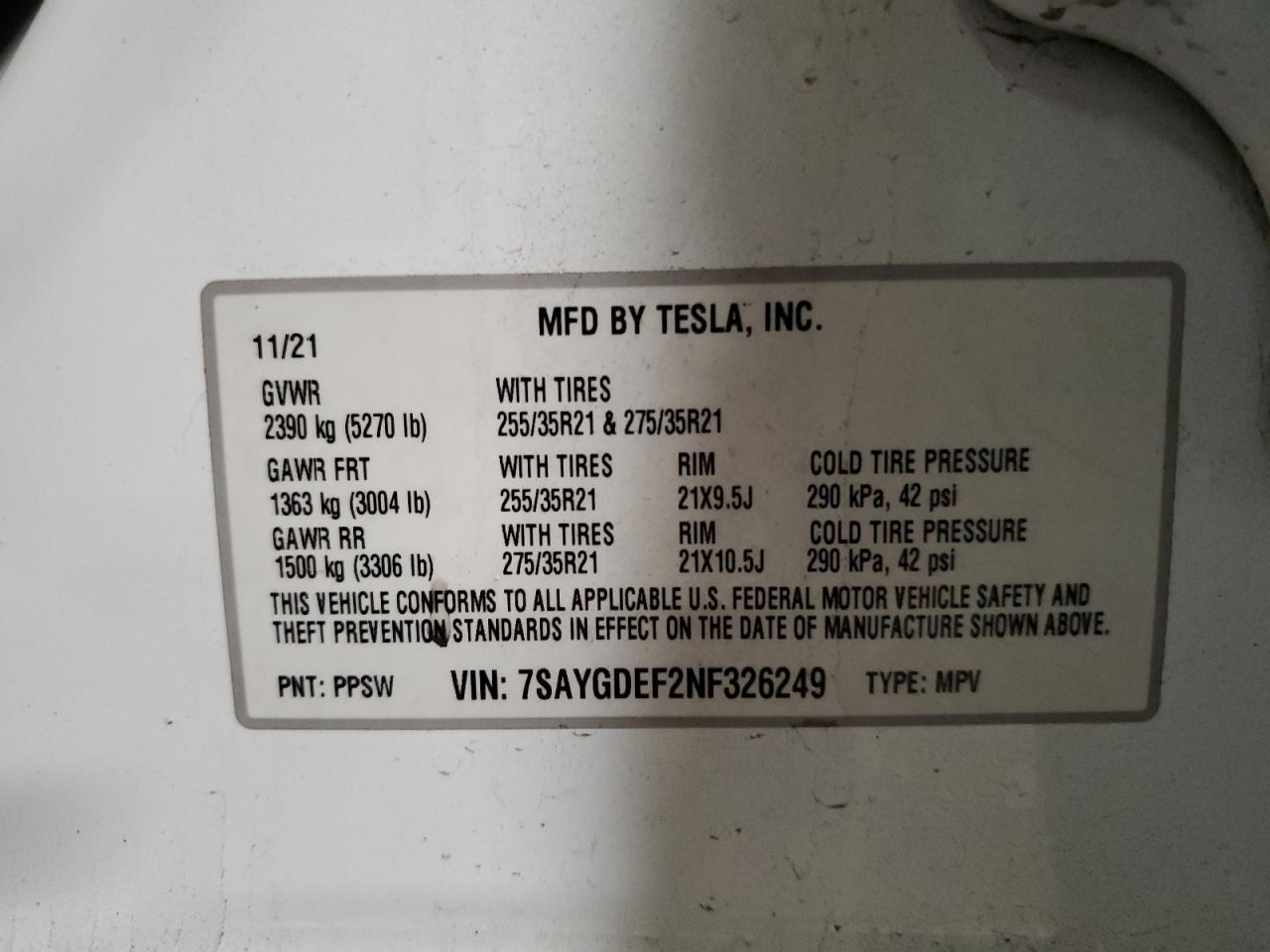 2022 TESLA MODEL Y  VIN:7SAYGDEF2NF326249