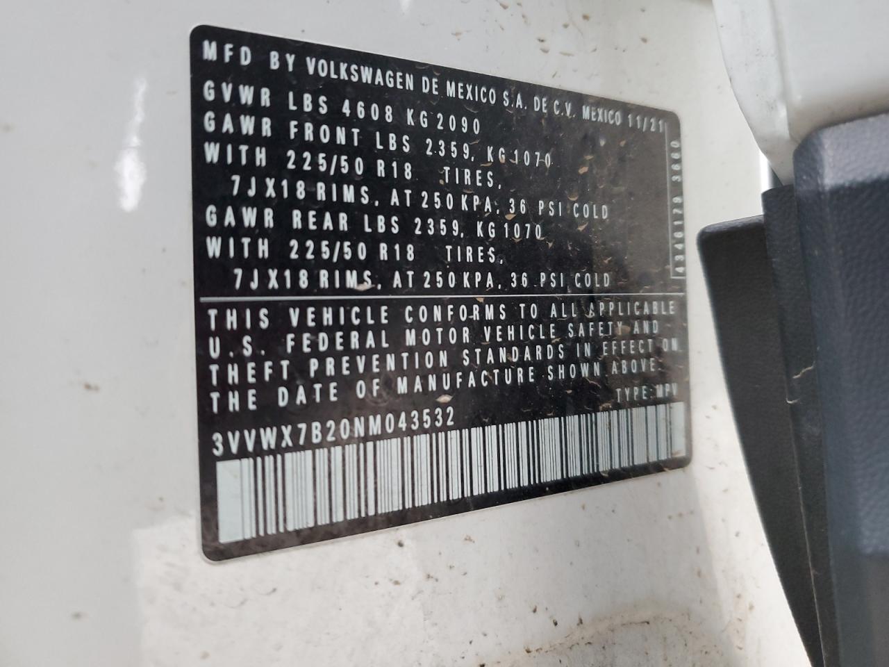 2022 VOLKSWAGEN TAOS SE VIN:3VVWX7B20NM043532