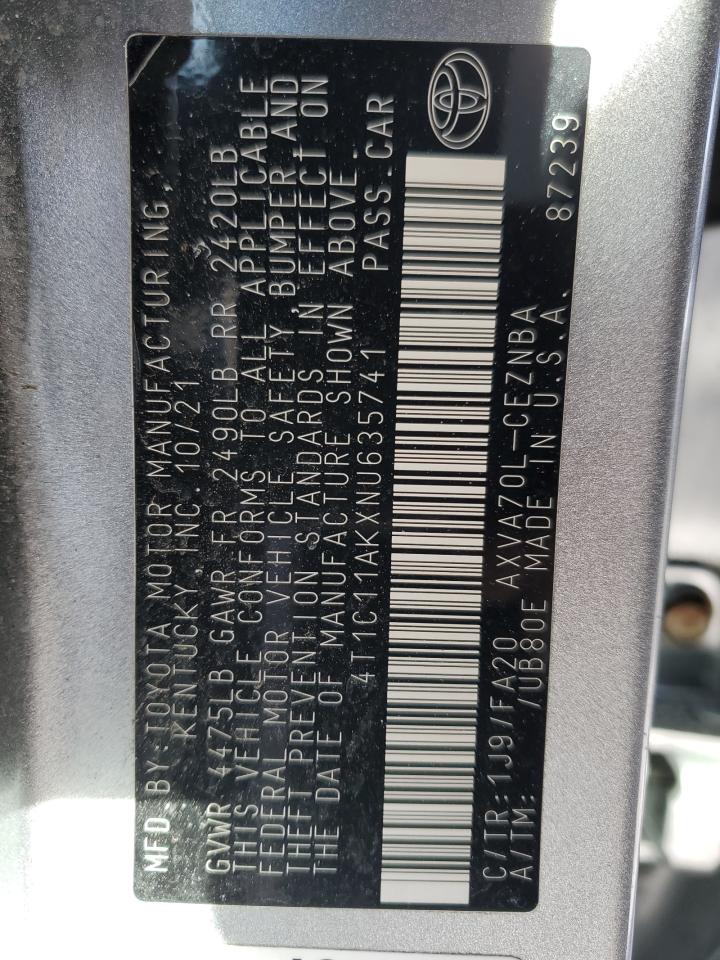 2022 TOYOTA CAMRY LE VIN:4T1C11AKXNU635741