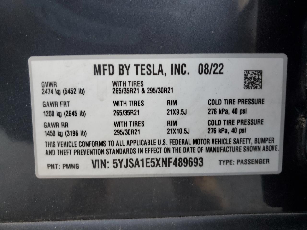 2022 TESLA MODEL S  VIN:5YJSA1E5XNF489693