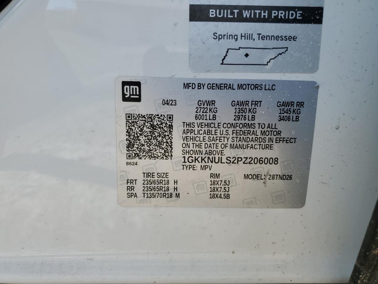 2023 GMC ACADIA SLT VIN:1GKKNULS2PZ206008
