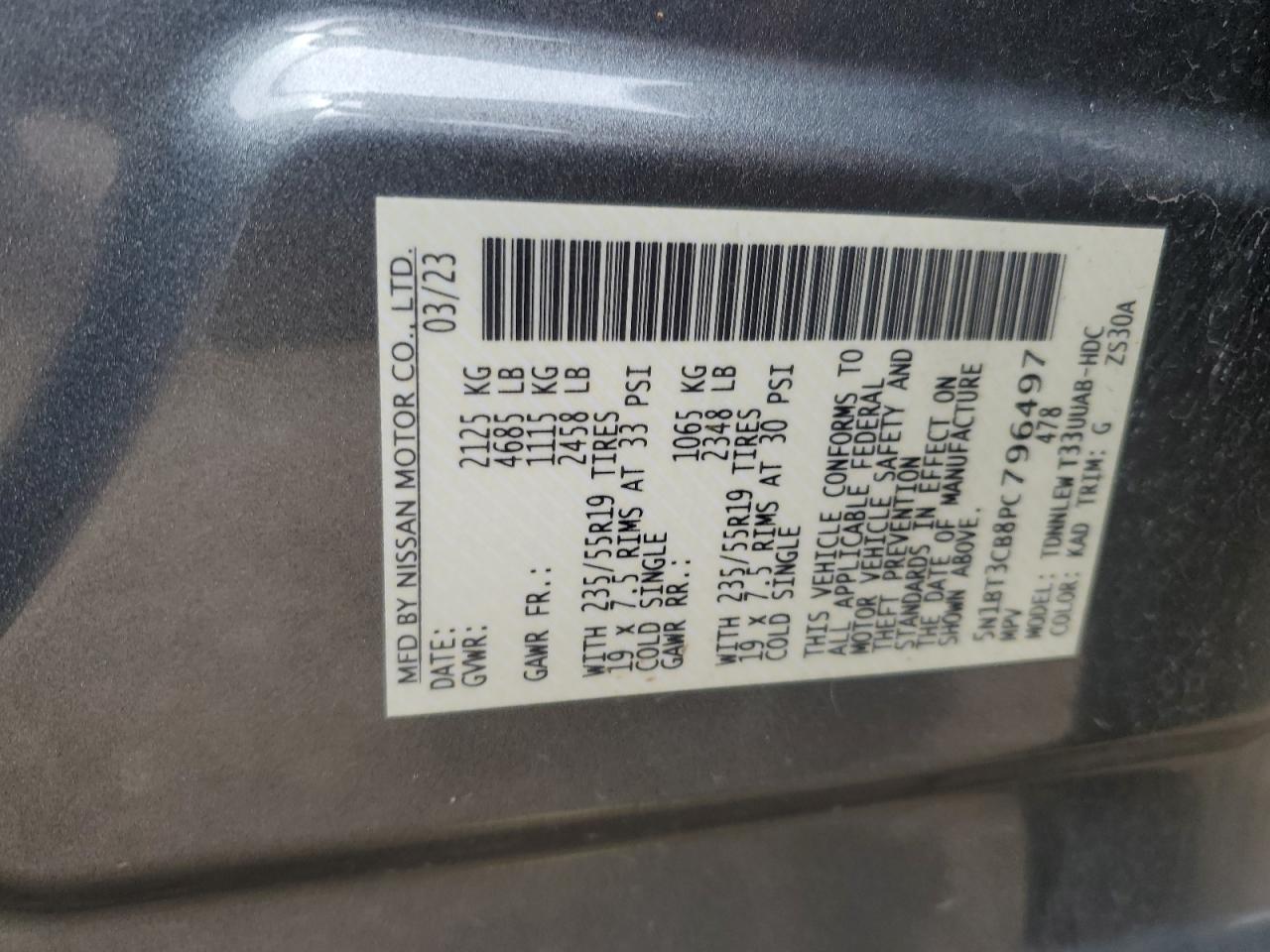 2023 NISSAN ROGUE SL VIN:5N1BT3CB8PC796497