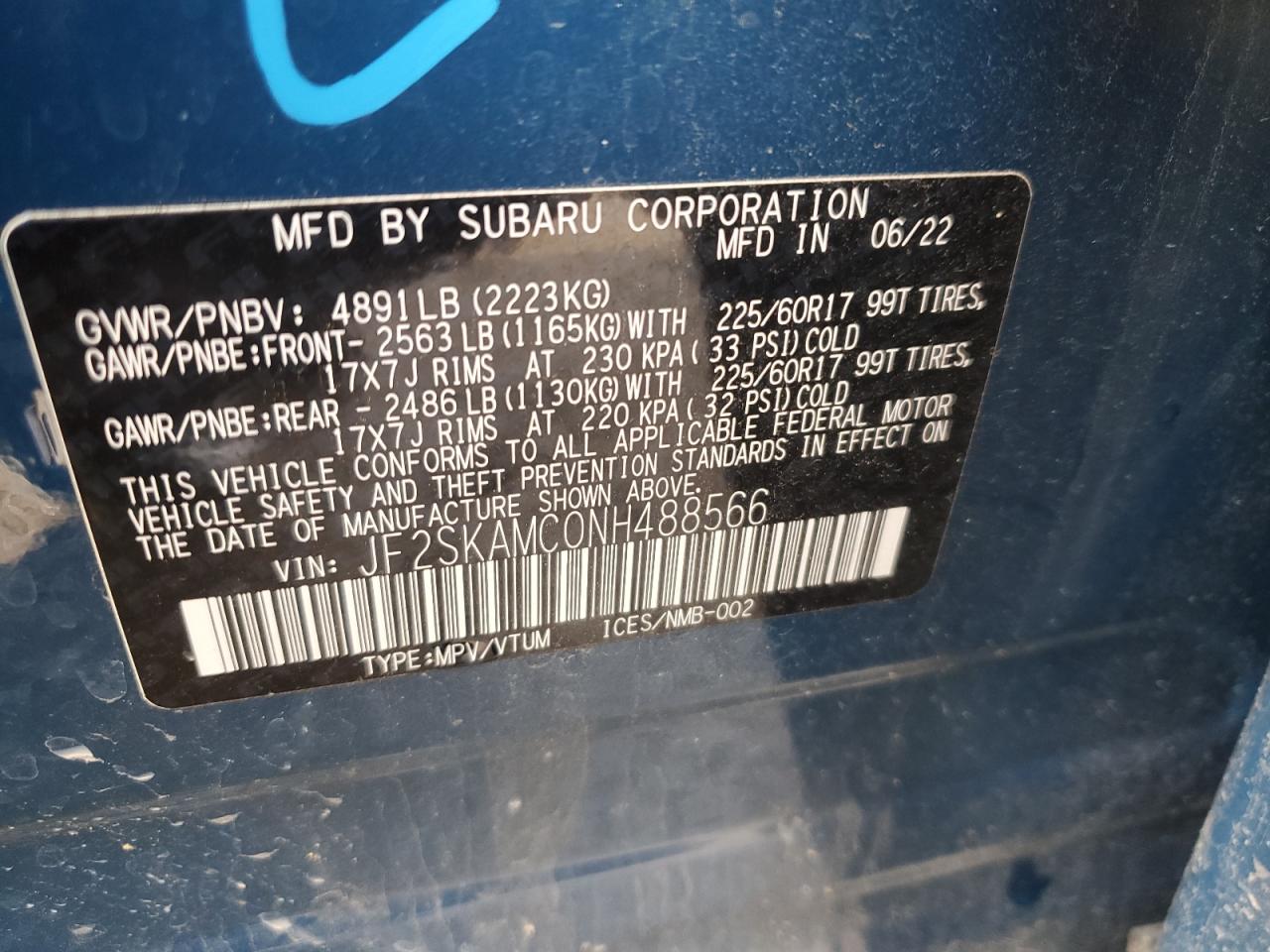 2022 SUBARU FORESTER WILDERNESS VIN:JF2SKAMC0NH488566