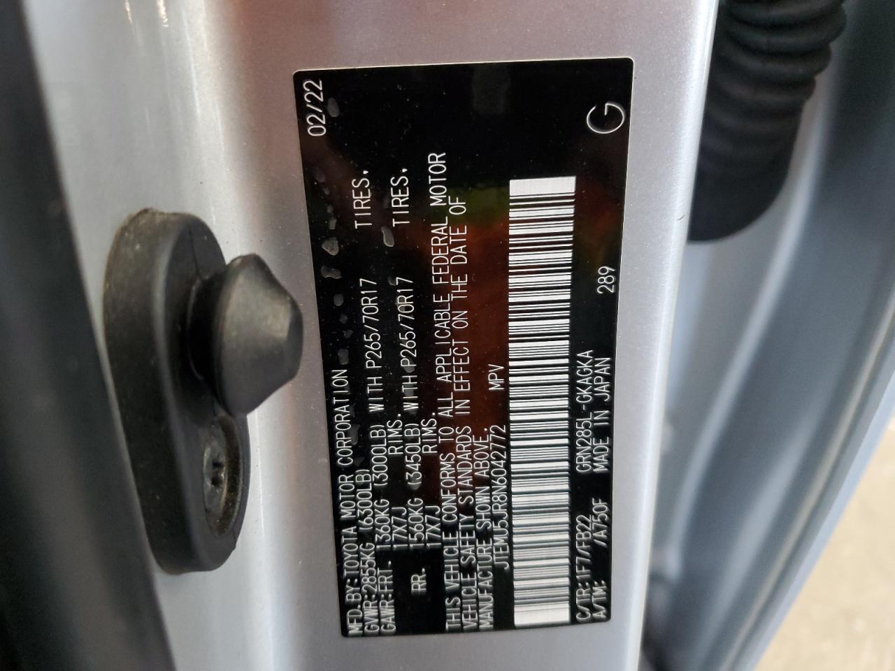 2022 TOYOTA 4RUNNER SR5/SR5 PREMIUM VIN:JTEMU5JR8N6042772