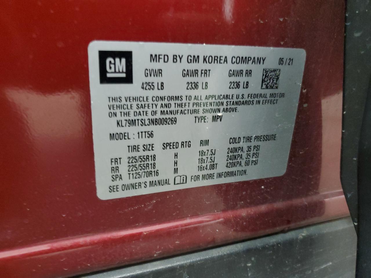 2022 CHEVROLET TRAILBLAZER RS VIN:KL79MTSL3NB009269