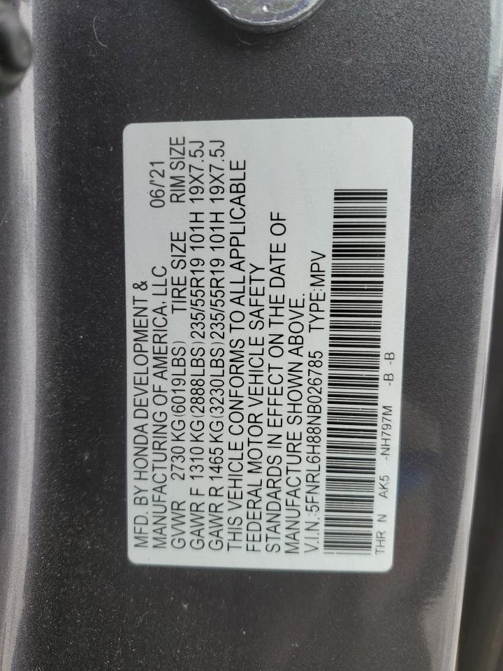 2022 HONDA ODYSSEY TOURING VIN:1FAHP3M24CL215126