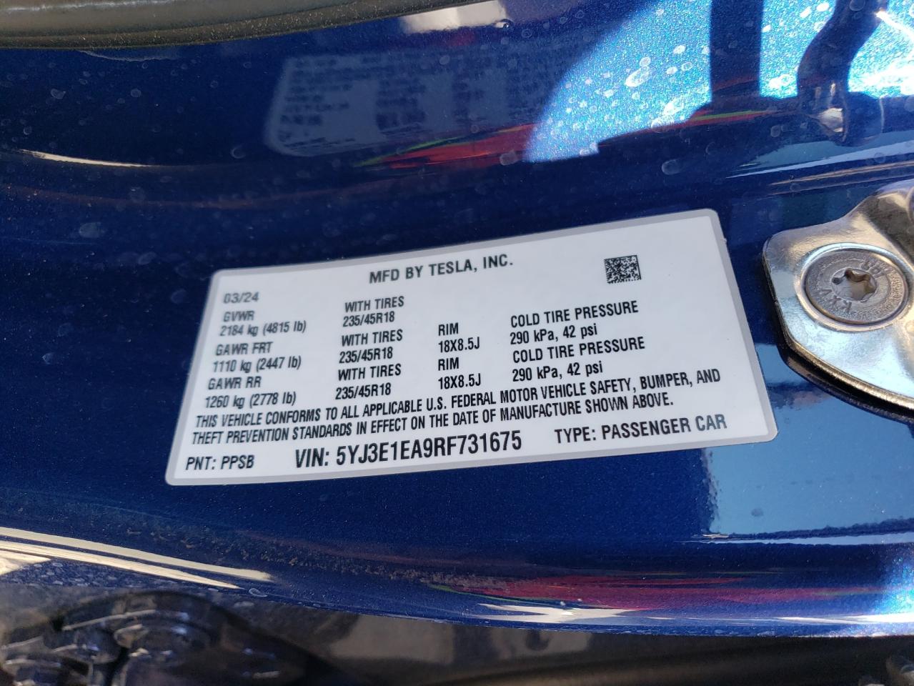 2024 TESLA MODEL 3  VIN:5YJ3E1EA9RF731675