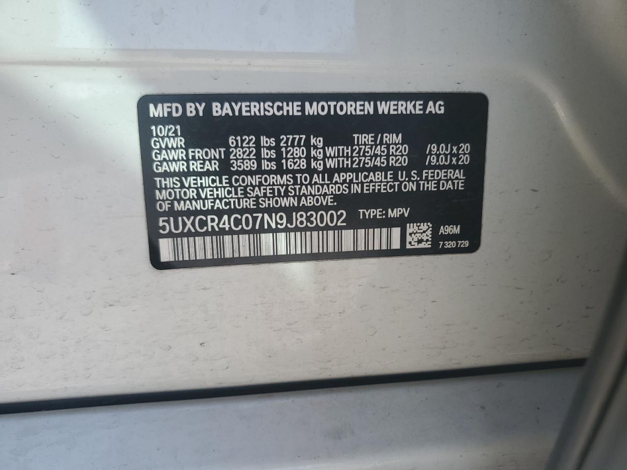 2022 BMW X5 SDRIVE 40I VIN:5UXCR4C07N9J83002