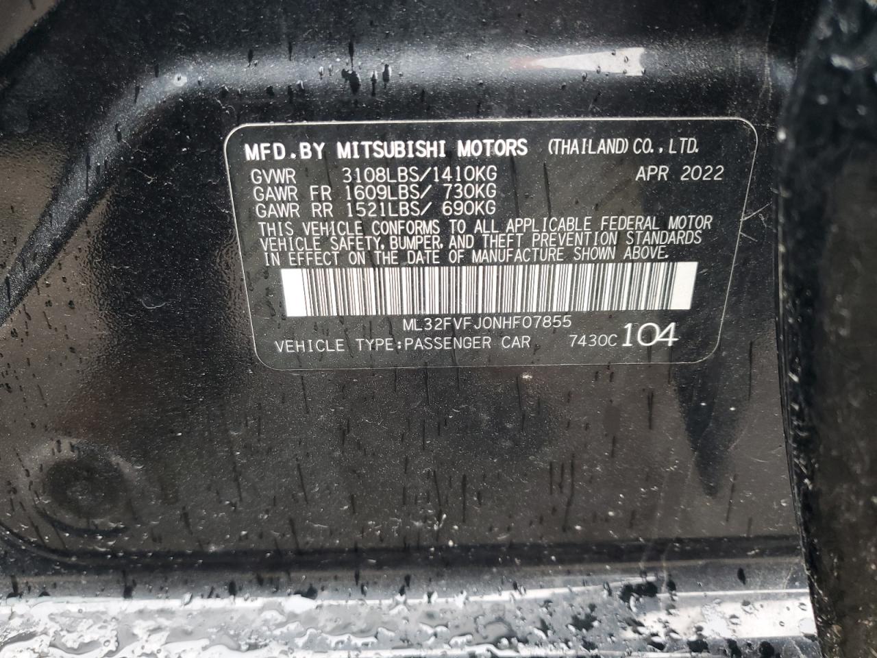 2022 MITSUBISHI MIRAGE G4 SE VIN:ML32FVFJ0NHF07855