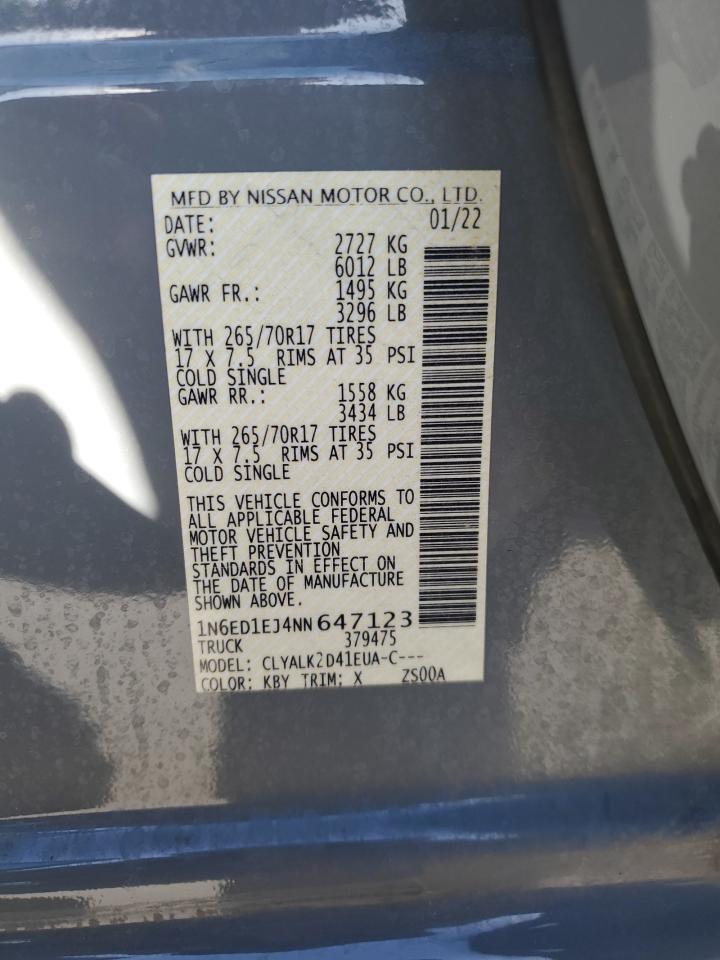 2022 NISSAN FRONTIER S VIN:1N6ED1EJ4NN647123