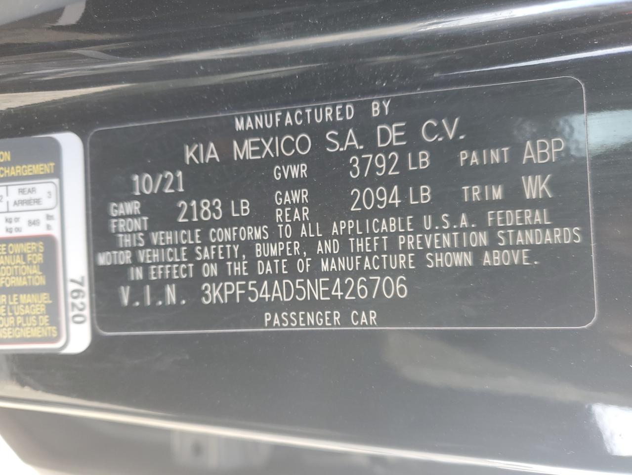 2022 KIA FORTE GT LINE VIN:3KPF54AD5NE426706