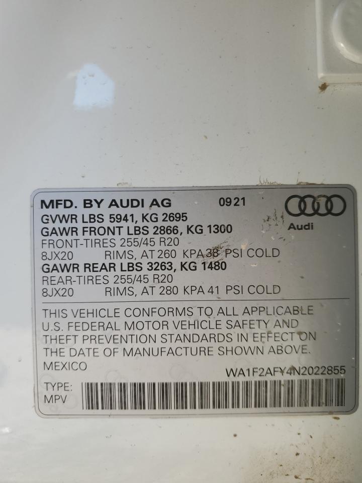 2022 AUDI Q5 E PRESTIGE 55 VIN:WA1F2AFY4N2022855