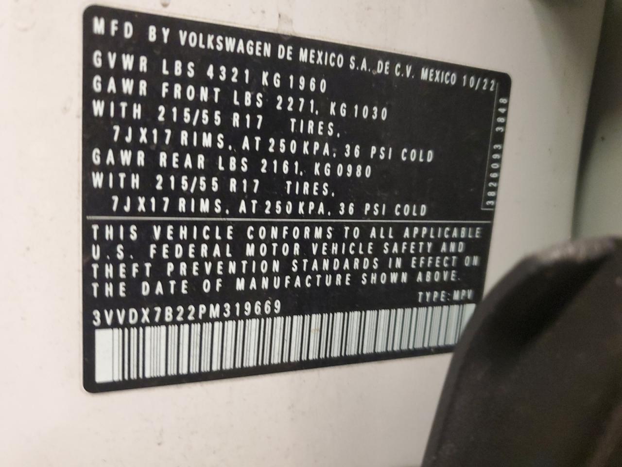 2023 VOLKSWAGEN TAOS S VIN:3VVDX7B22PM319669