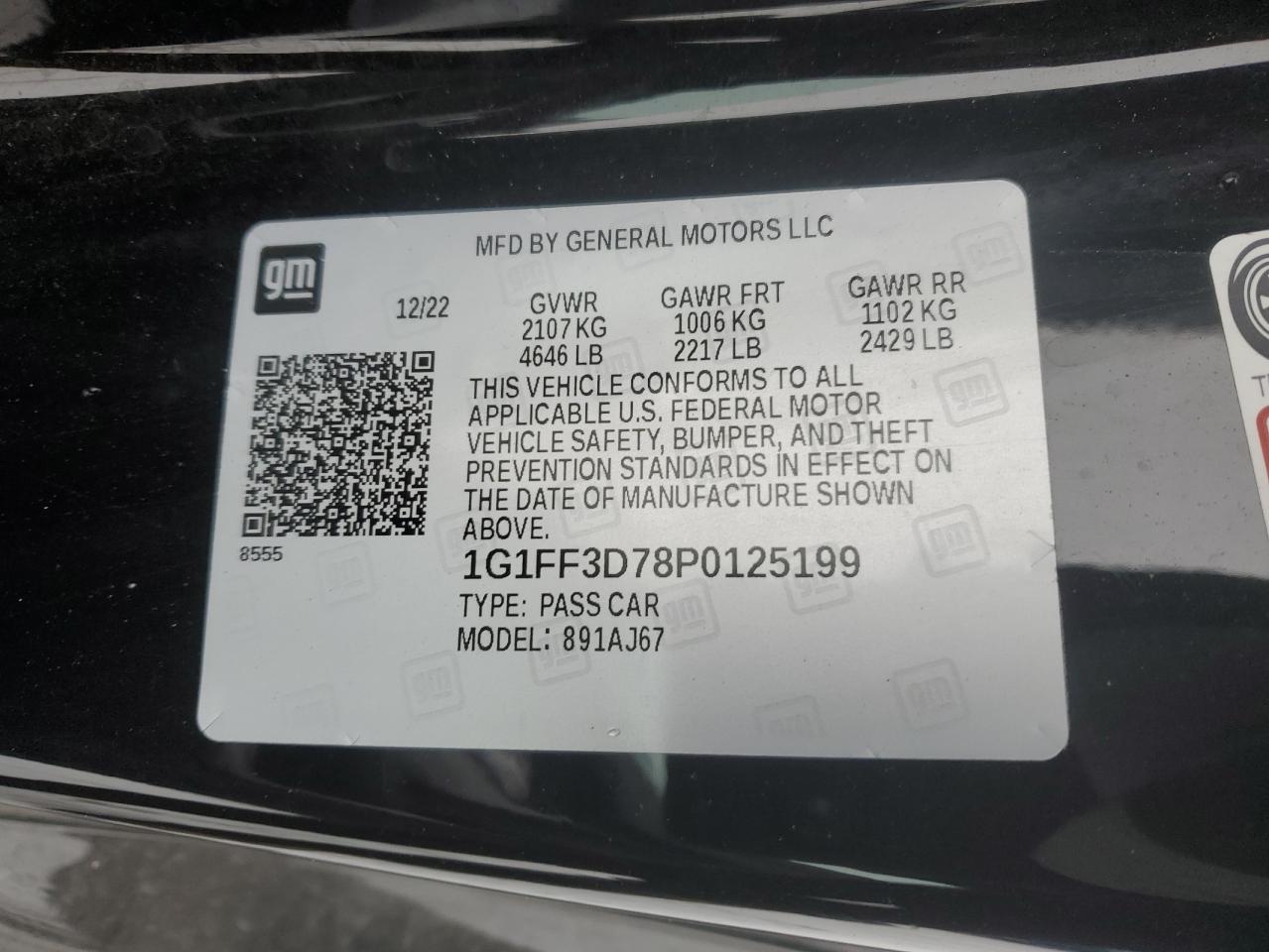 2023 CHEVROLET CAMARO LT1 VIN:1G1FF3D78P0125199