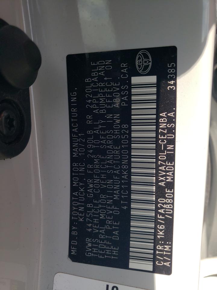 2022 TOYOTA CAMRY LE VIN:4T1C11AK8NU010528