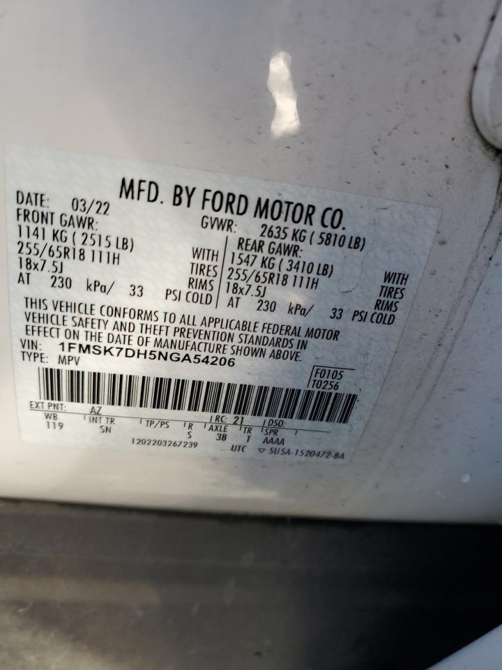 2022 FORD EXPLORER XLT VIN:1FMSK7DH5NGA54206