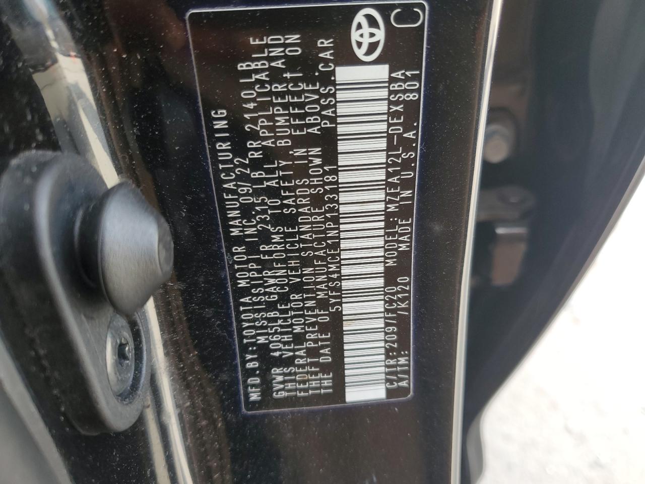 2022 TOYOTA COROLLA SE VIN:5YFS4MCE1NP133181