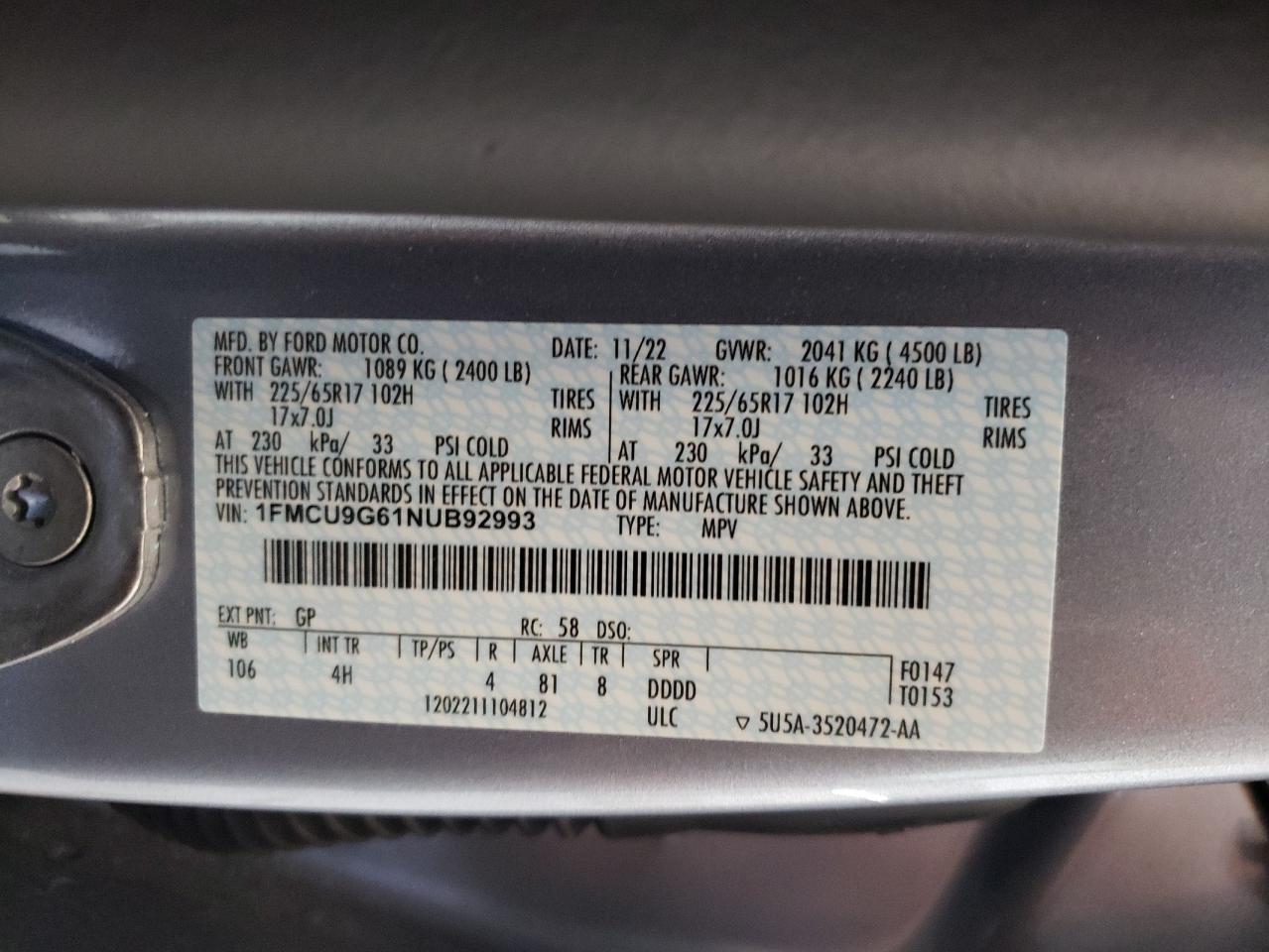 2022 FORD ESCAPE SE VIN:1FMCU9G61NUB92993