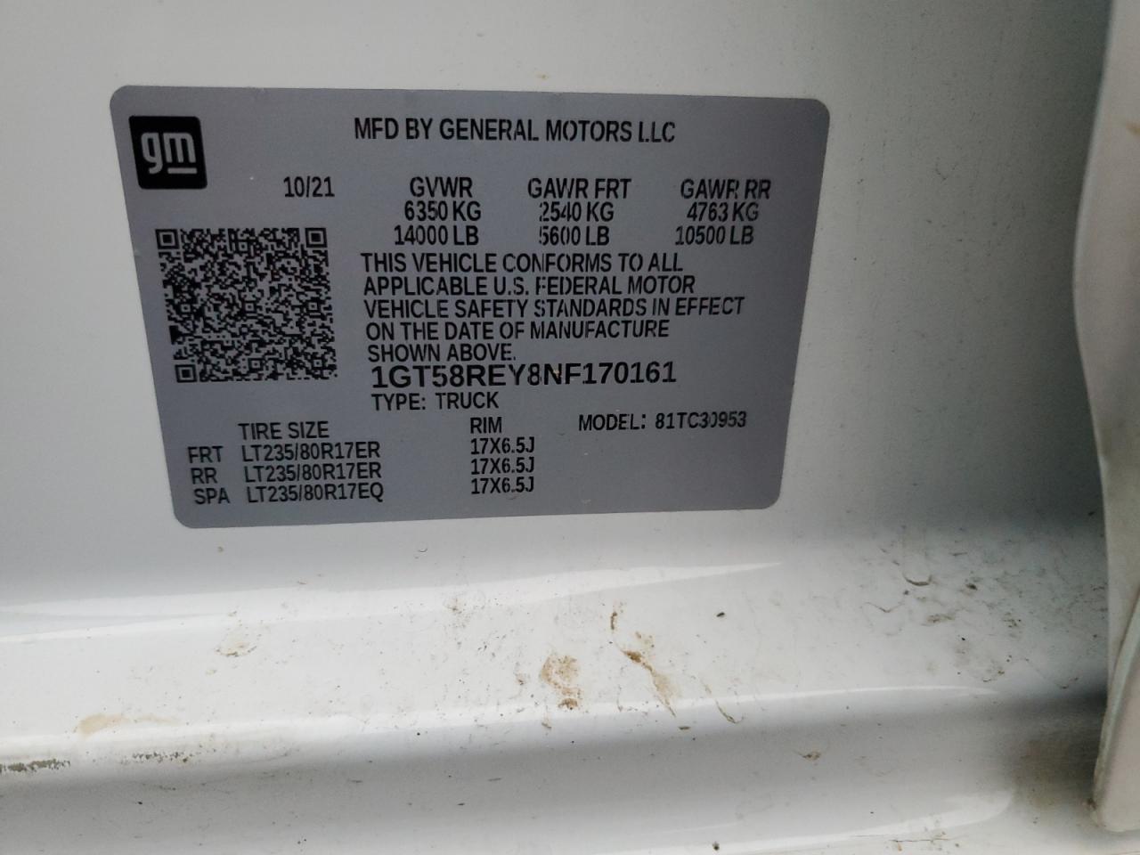 2022 GMC SIERRA C3500 SLE VIN:1GT58REY8NF170161