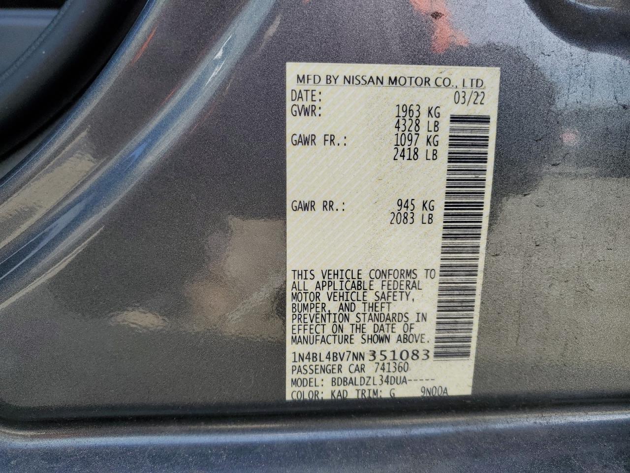 2022 NISSAN ALTIMA S VIN:1N4BL4BV7NN351083