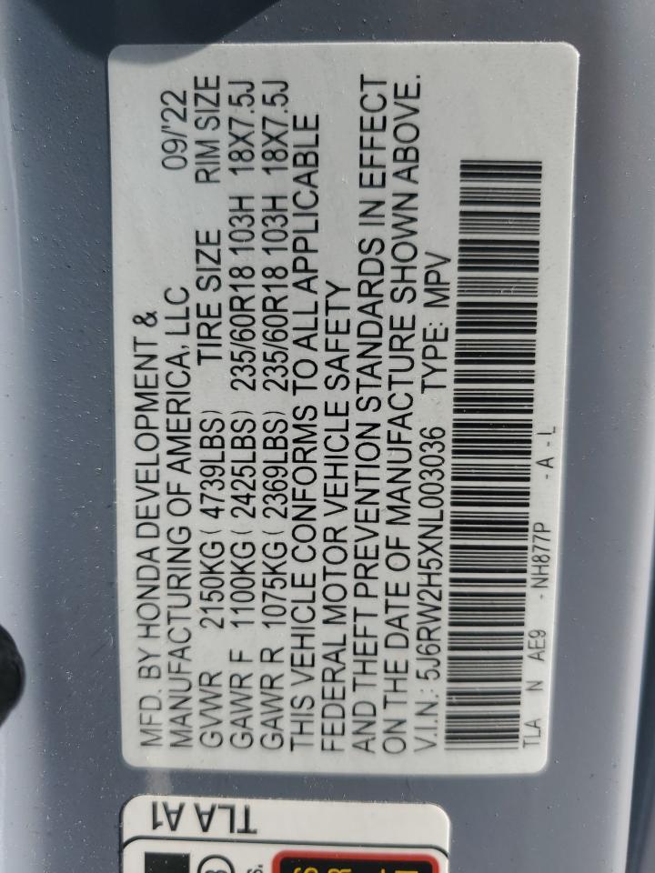 2022 HONDA CR-V EX VIN:5J6RW2H5XNL003036