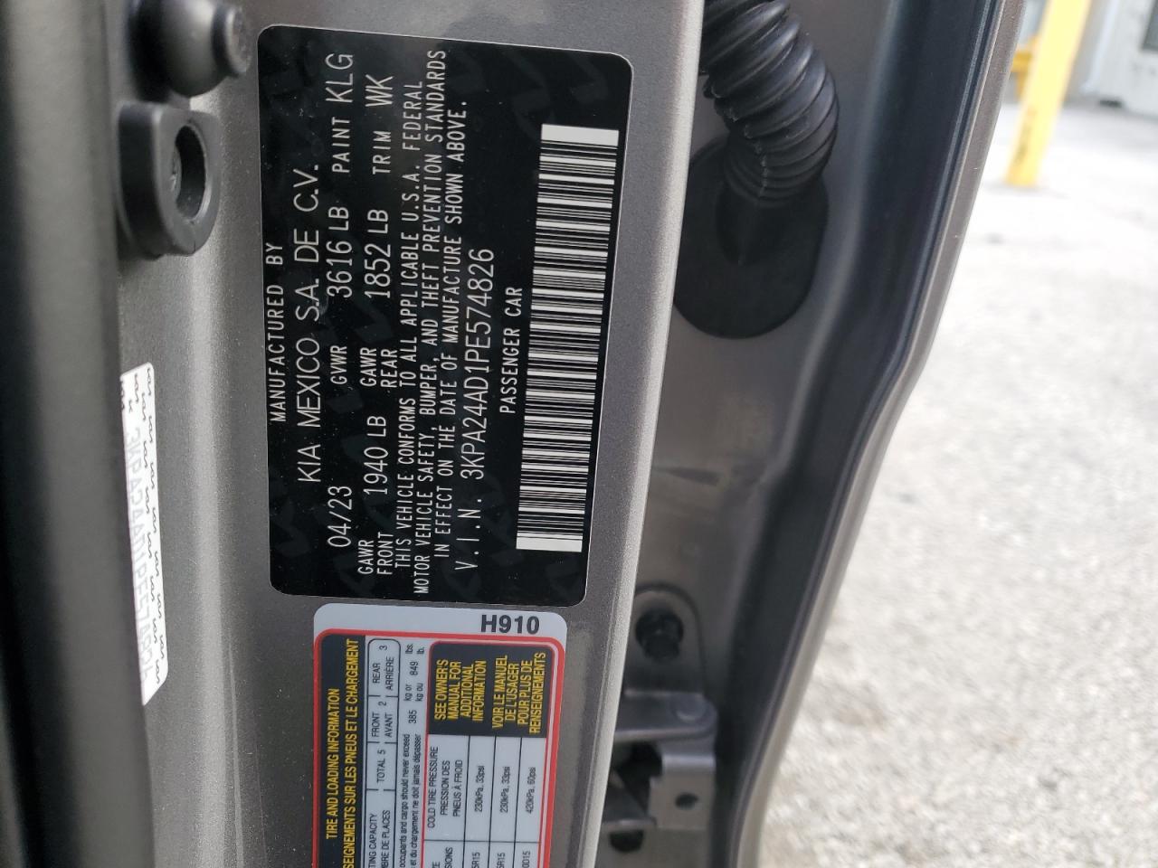 2023 KIA RIO LX VIN:3KPA24AD1PE574826
