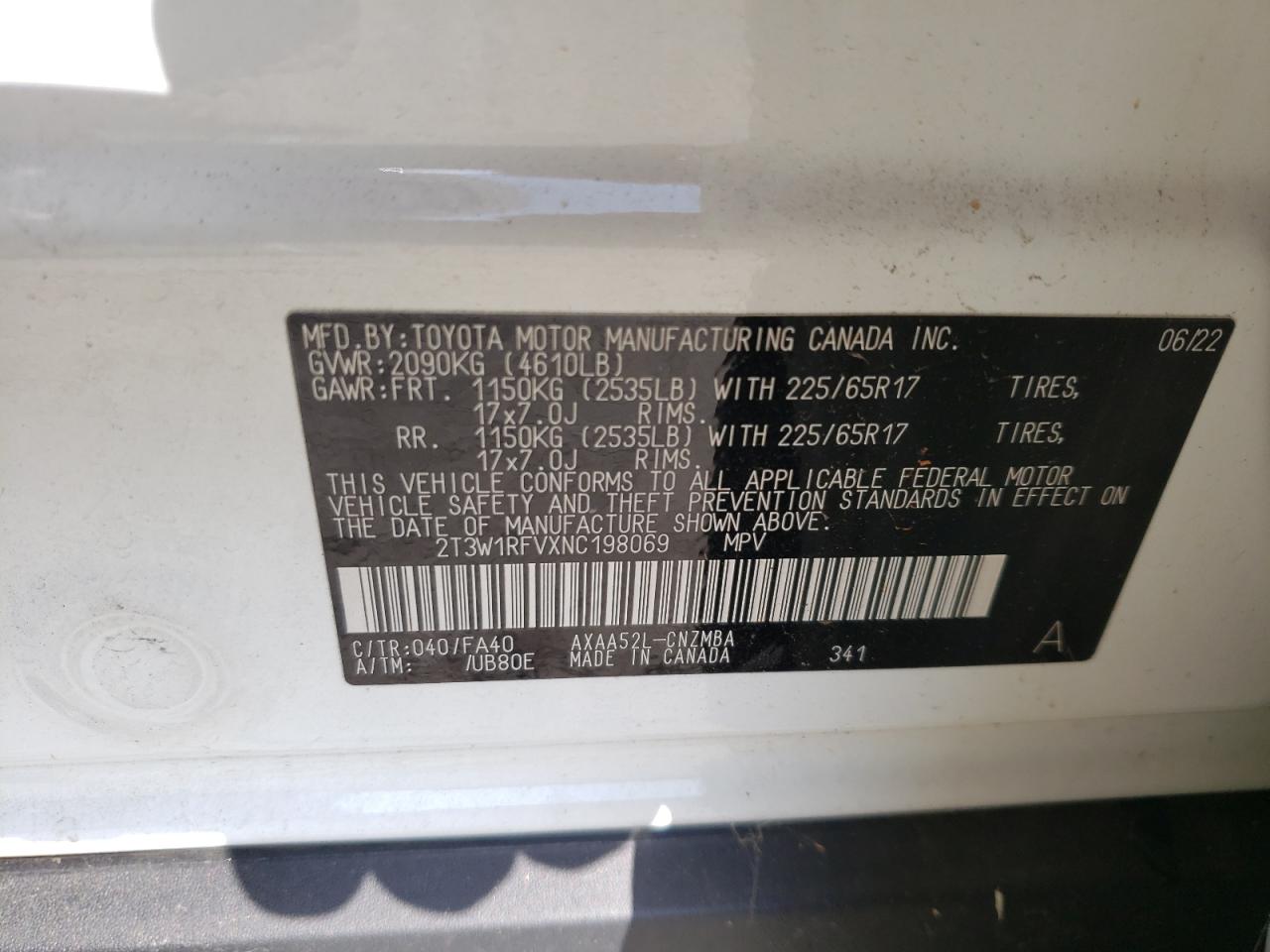2022 TOYOTA RAV4 XLE VIN:2T3W1RFVXNC198069