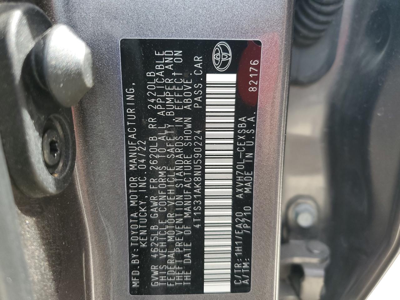 2022 TOYOTA CAMRY NIGHT SHADE VIN:4T1S31AK8NU590224