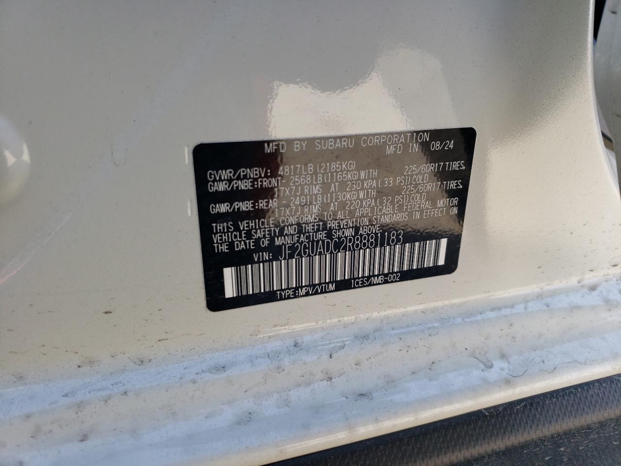 2024 SUBARU CROSSTREK PREMIUM VIN:JF2GUADC2R8881183