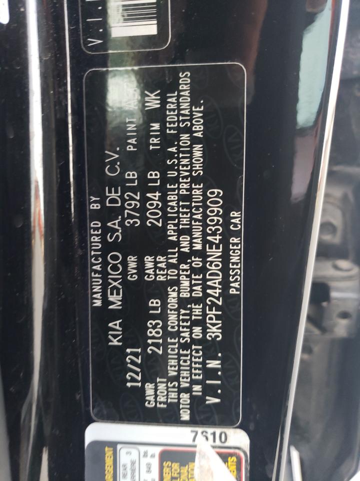 2022 KIA FORTE FE VIN:3KPF24AD6NE439909
