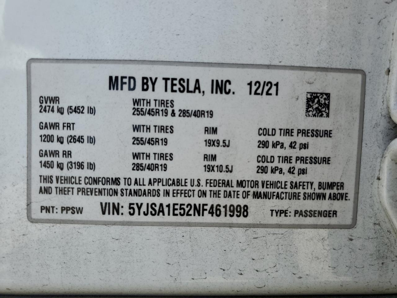 2022 TESLA MODEL S  VIN:5YJSA1E52NF461998