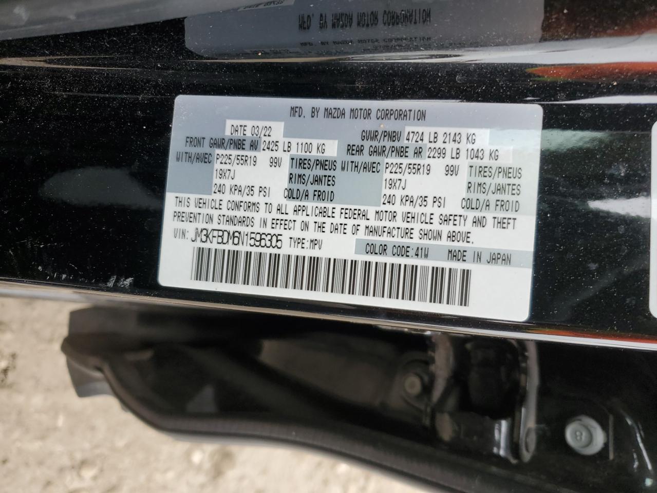 2022 MAZDA CX-5 PREMIUM VIN:JM3KFBDM6N1596305