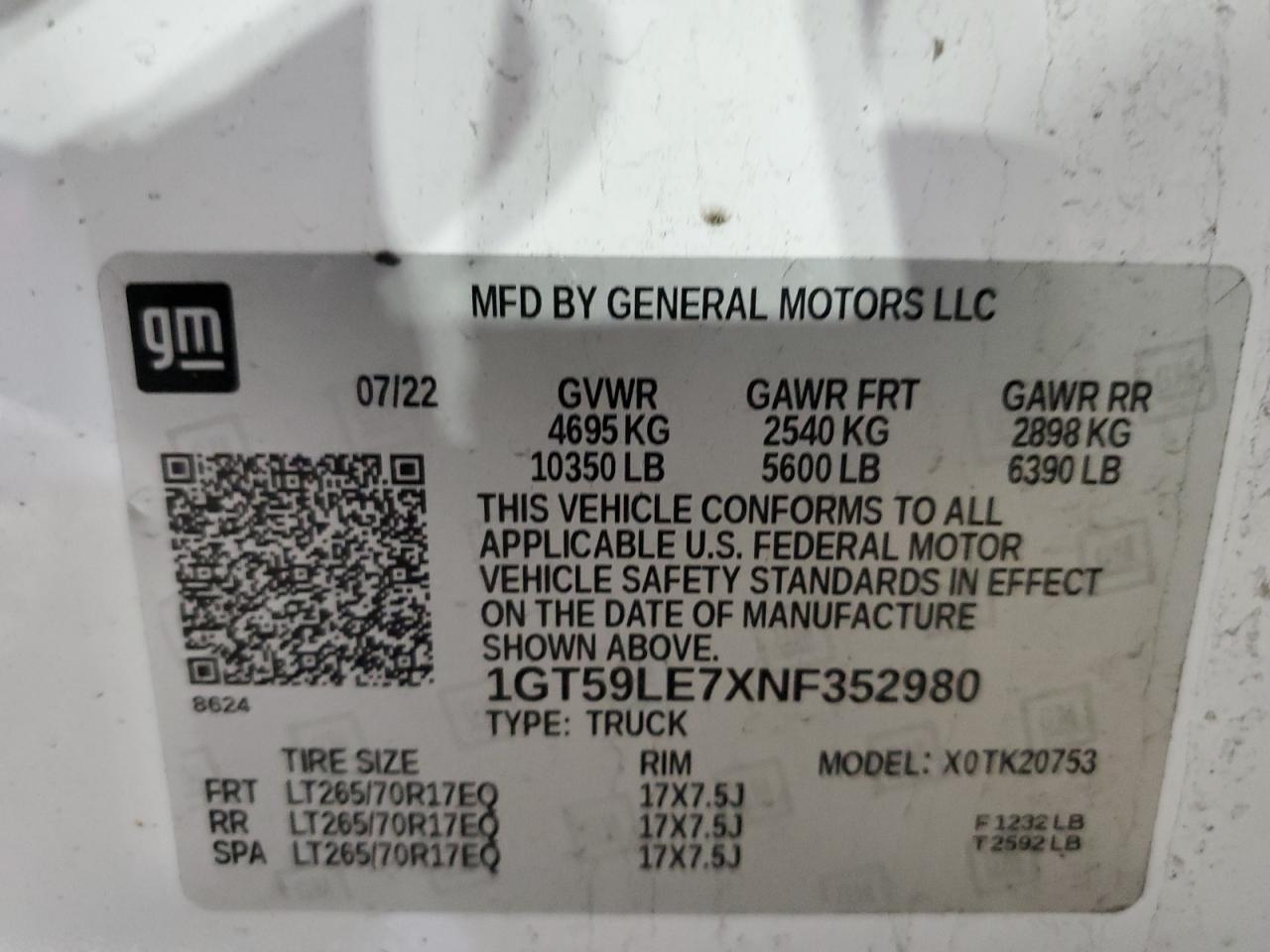 2022 GMC SIERRA K2500 HEAVY DUTY VIN:1GT59LE7XNF352980